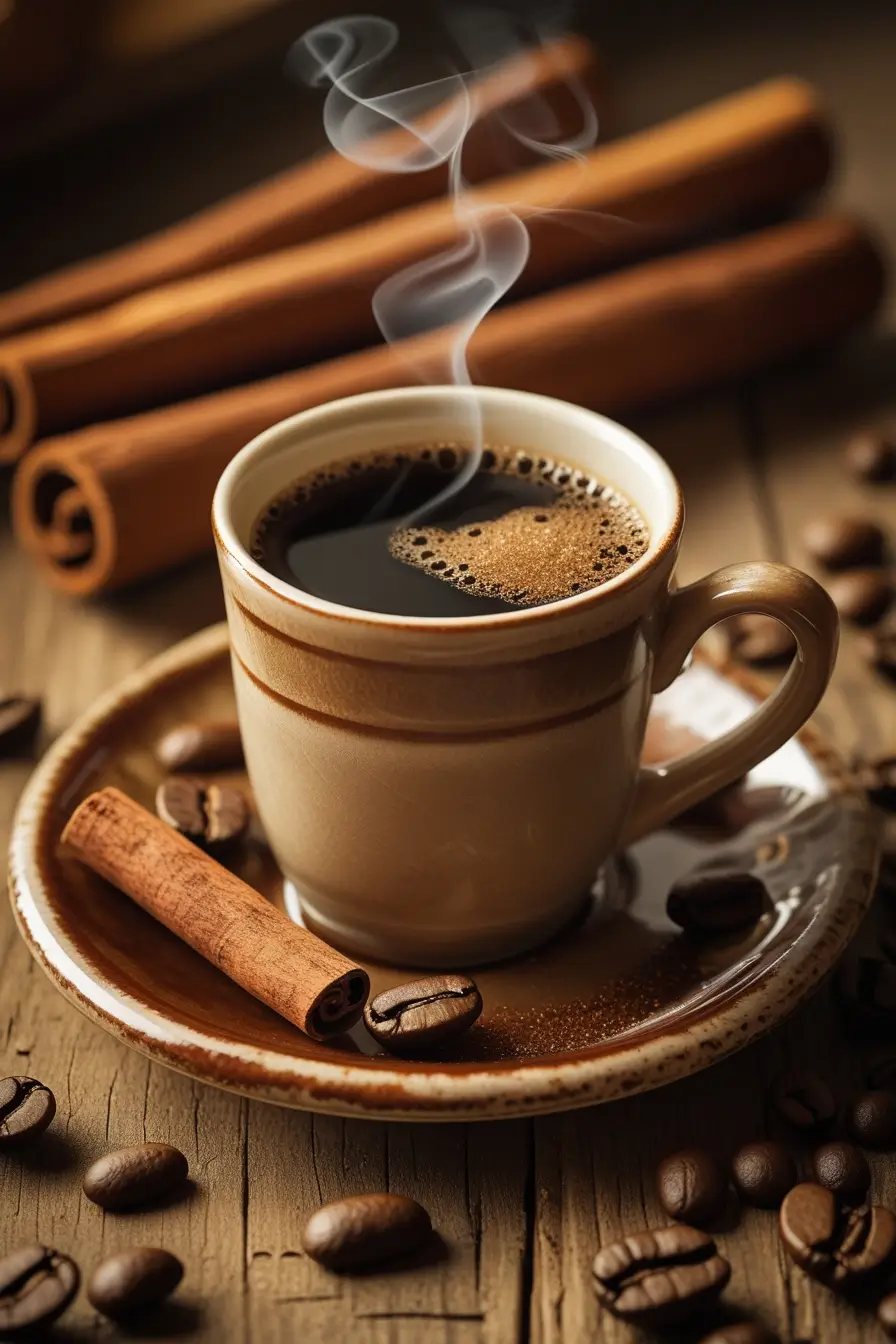 A ceramic cup of steaming black coffee with a golden yellow spice dusting on top, set on a white cloth against a wooden surface