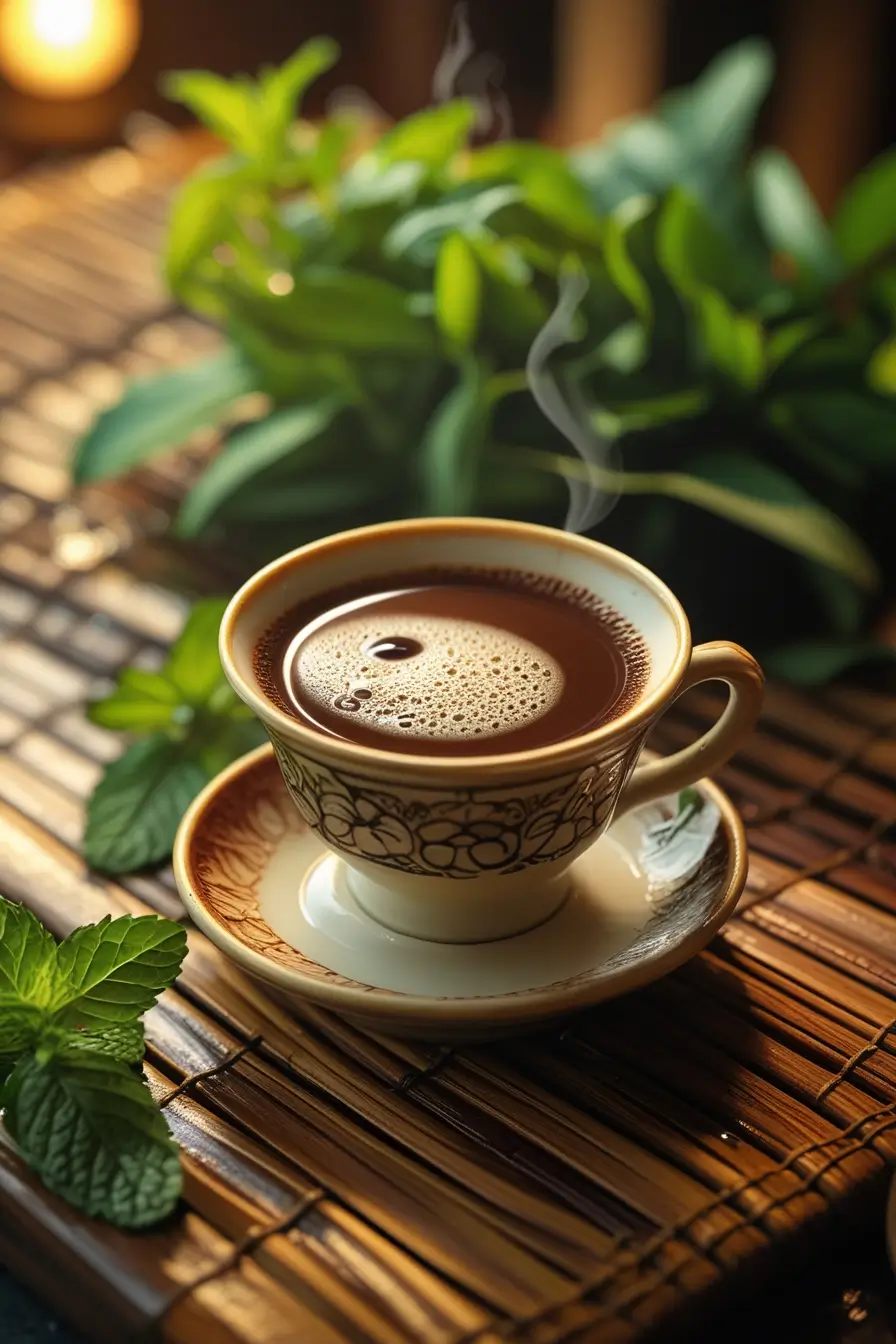 A steaming ceramic cup filled with creamy coconut milk coffee, topped with vibrant yellow turmeric powder, placed on a soft white cloth against a wooden surface