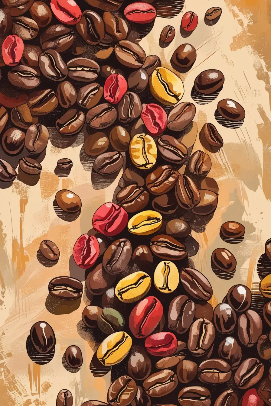 An artistic illustration of scattered coffee beans in various roasts - dark brown, red, and yellow - against a textured beige background, creating a dynamic flowing pattern across the image.