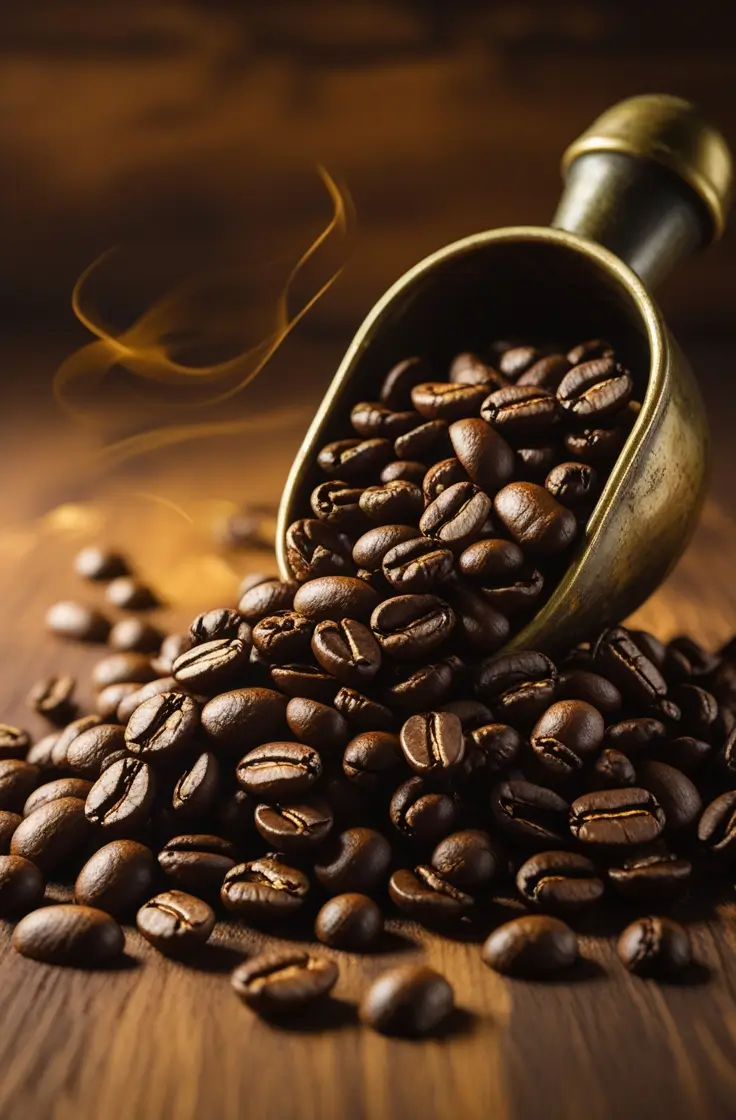 Dark roast coffee beans spilling from brass scoop with visible aromatic steam, showing glossy black beans with pronounced oils on wooden surface in warm lighting