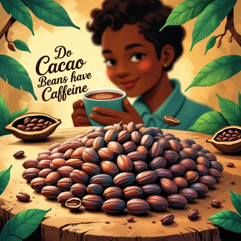 A woman holding a cup of hot cacao with a large pile of cacao beans on a wooden table, surrounded by cacao pods and green leaves, with the question "Does cacao beans have caffeine?" displayed.