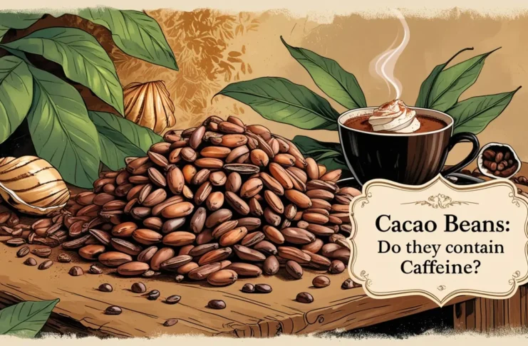 An artistic illustration showing a pile of cacao beans alongside cacao leaves, shells, and a steaming cup of hot chocolate with whipped cream on top. A decorative label asks 'Cacao Beans: Do they contain Caffeine?