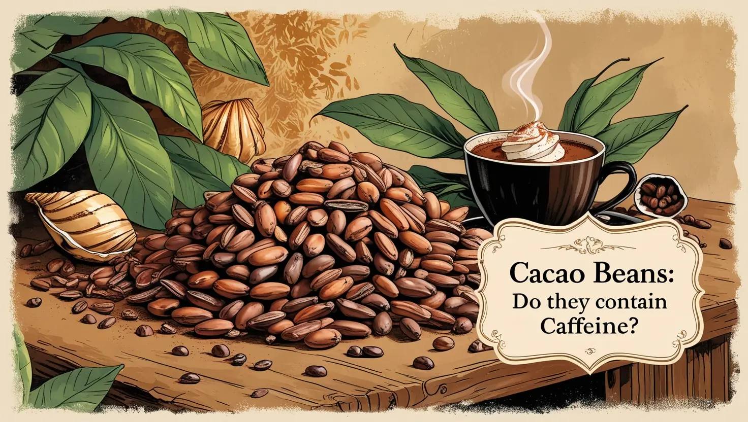An artistic illustration showing a pile of cacao beans alongside cacao leaves, shells, and a steaming cup of hot chocolate with whipped cream on top. A decorative label asks 'Cacao Beans: Do they contain Caffeine?