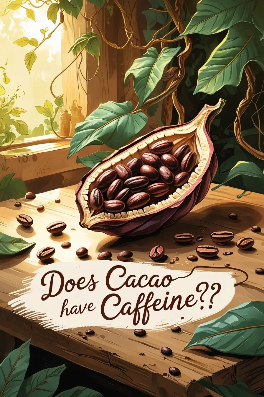 An artistic illustration of an open cacao pod filled with cacao beans on a wooden surface, surrounded by large green leaves and scattered beans, with text asking 'Does Cacao have Caffeine?