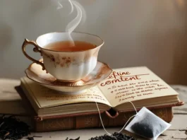 A steaming cup of black tea in a vintage porcelain teacup with gold trim, placed on an open book how Much Caffeine in Black Tea with loose tea leaves and tea bag scattered on the rustic surface