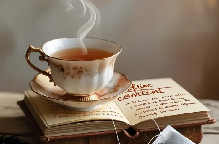 A steaming cup of black tea in a vintage porcelain teacup with gold trim, placed on an open book how Much Caffeine in Black Tea with loose tea leaves and tea bag scattered on the rustic surface