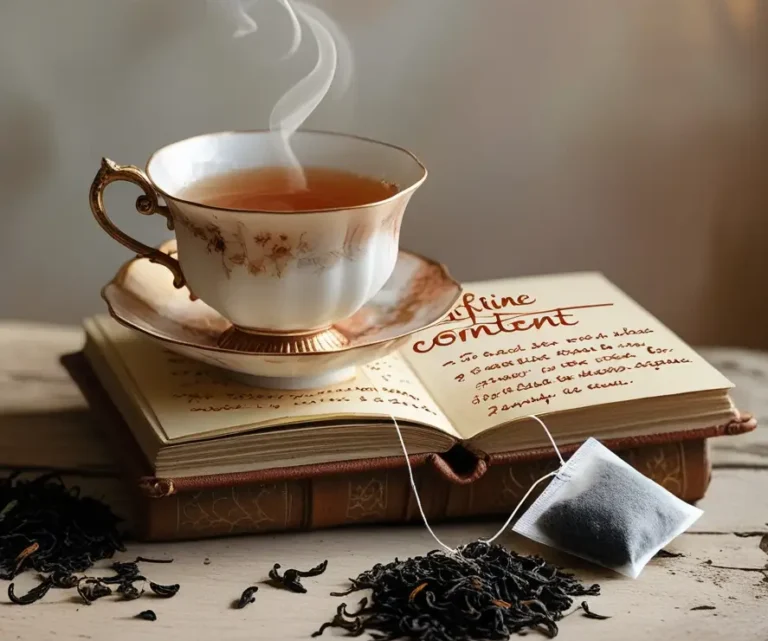 A steaming cup of black tea in a vintage porcelain teacup with gold trim, placed on an open book how Much Caffeine in Black Tea with loose tea leaves and tea bag scattered on the rustic surface