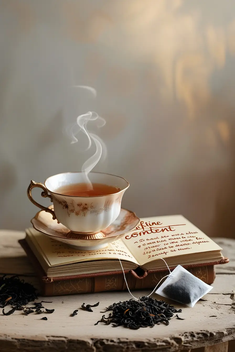 A steaming cup of black tea in a vintage porcelain teacup with gold trim, placed on an open book how Much Caffeine in Black Tea with loose tea leaves and tea bag scattered on the rustic surface