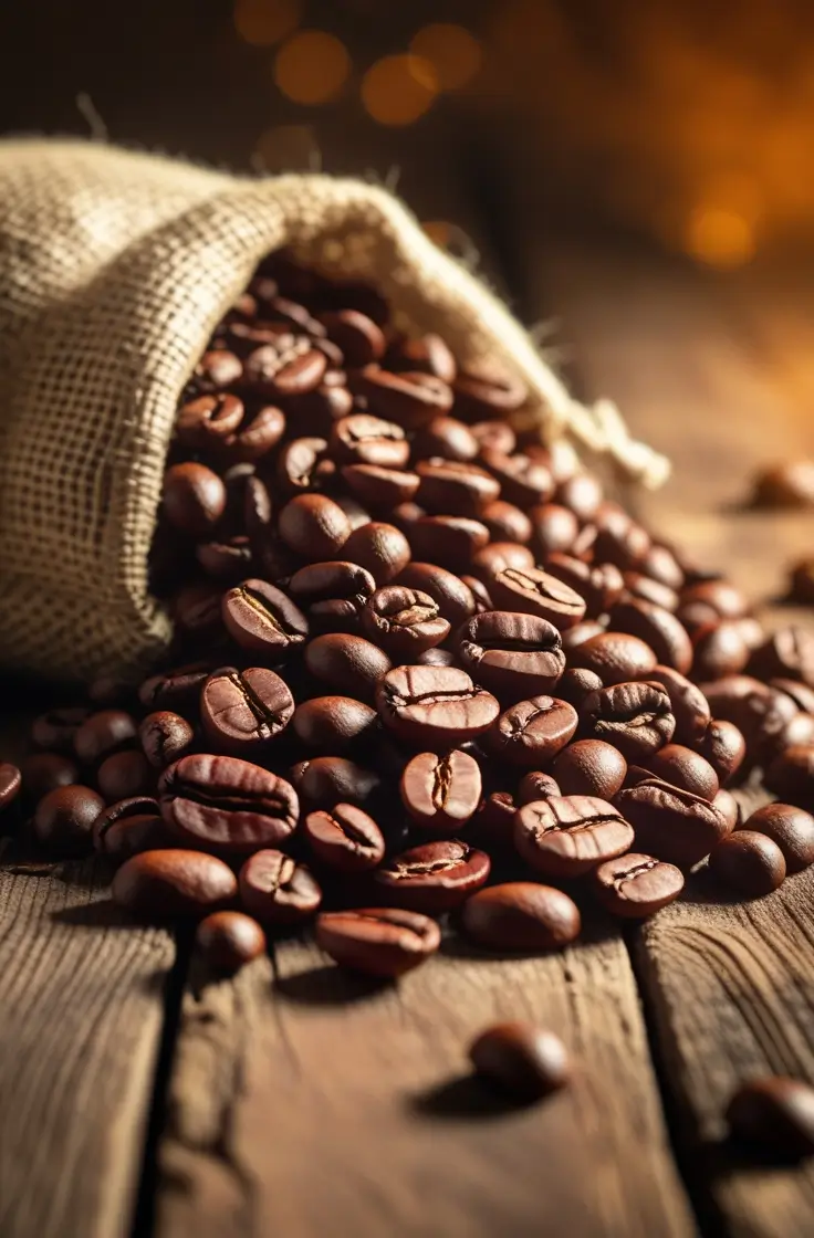 Medium-dark roast coffee beans spilling from burlap sack, displaying rich mahogany color and slight surface oils on rustic wooden boards with warm bokeh lighting