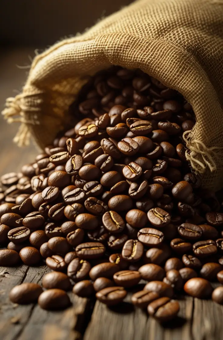 Fresh medium roast coffee beans spilling from burlap sack onto rustic wooden surface, showcasing rich brown color and distinct crema lines