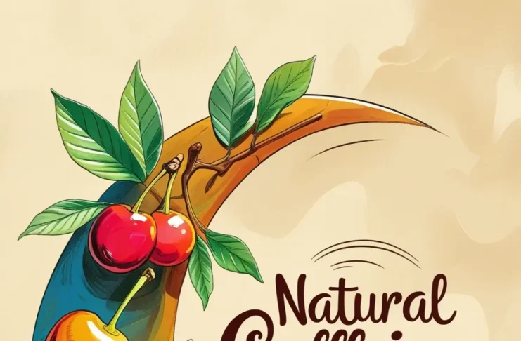 An artistic illustration of natural caffeine sources featuring coffee beans, cherries, citrus fruits arranged in a decorative composition with green leaves on a warm beige background. The text 'Natural Caffeine Sources' is written in stylized brown lettering.