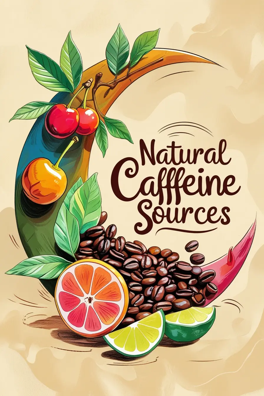 An artistic illustration of natural caffeine sources featuring coffee beans, cherries, citrus fruits arranged in a decorative composition with green leaves on a warm beige background. The text 'Natural Caffeine Sources' is written in stylized brown lettering.