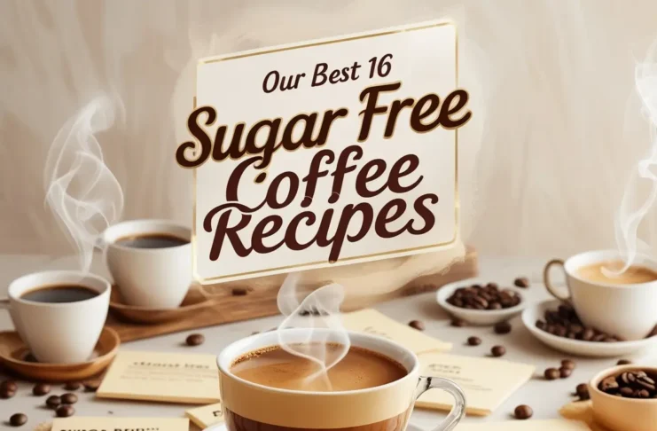 Grid display of 16 sugar free coffee drinks, ranging from iced to hot preparations, with various toppings and garnishes.