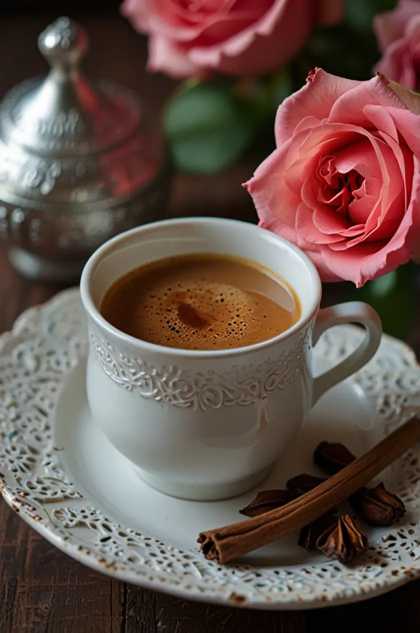 A ceramic cup of steaming Turkish coffee with golden spice dusting on top, positioned on a white cloth against a wooden surface