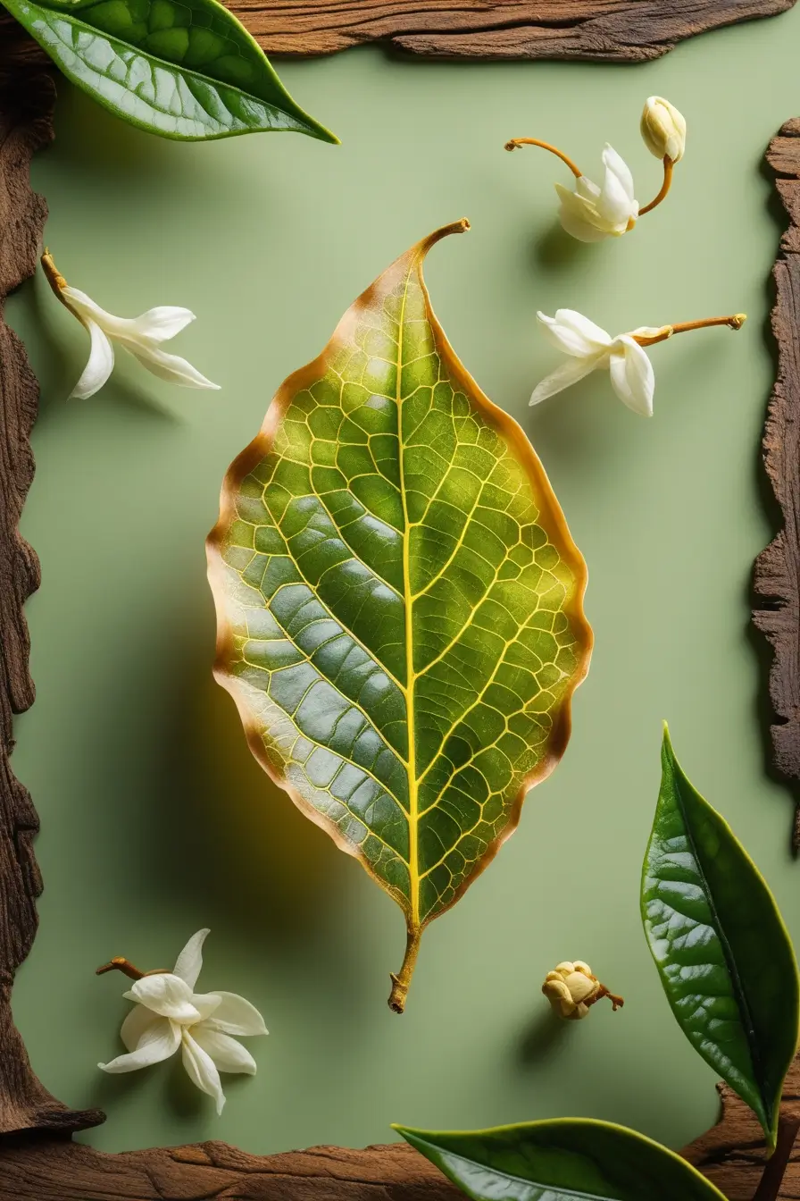 A stunning close-up photograph of a tea leaf (Camellia sinensis) with intricate vein patterns, surrounded by delicate white tea blossoms and green leaves against a soft sage green background, framed by rustic wood pieces.