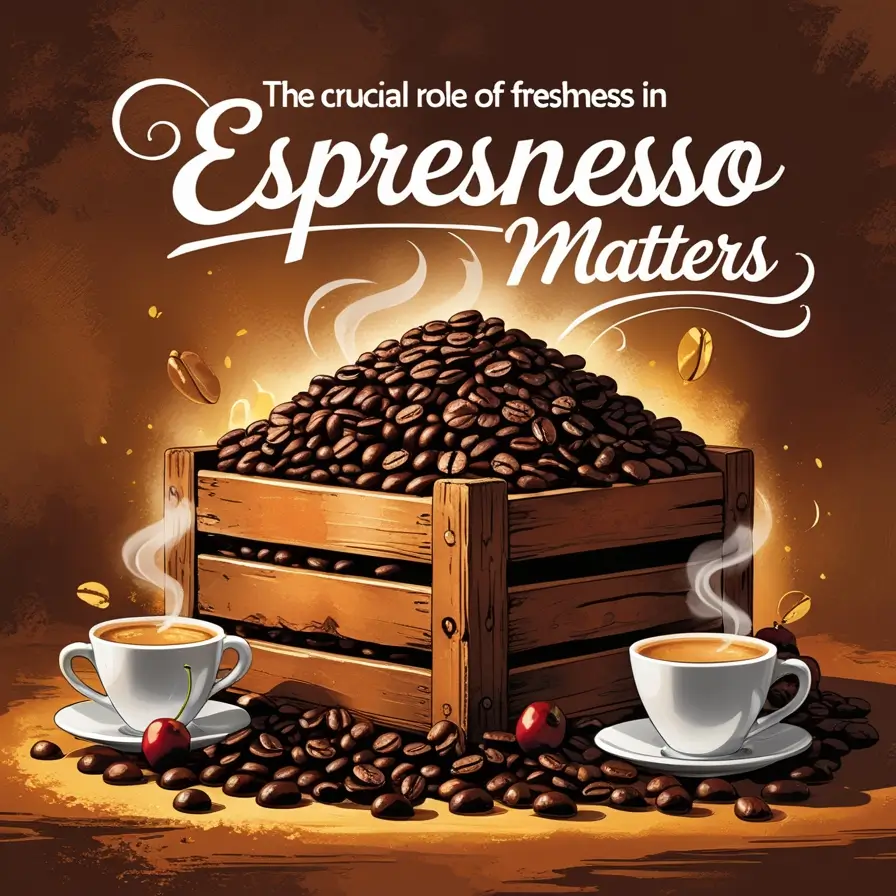 Illustrated wooden crate filled with fresh coffee beans flanked by steaming espresso cups with text 'The crucial role of freshness in Esprenesso Matters