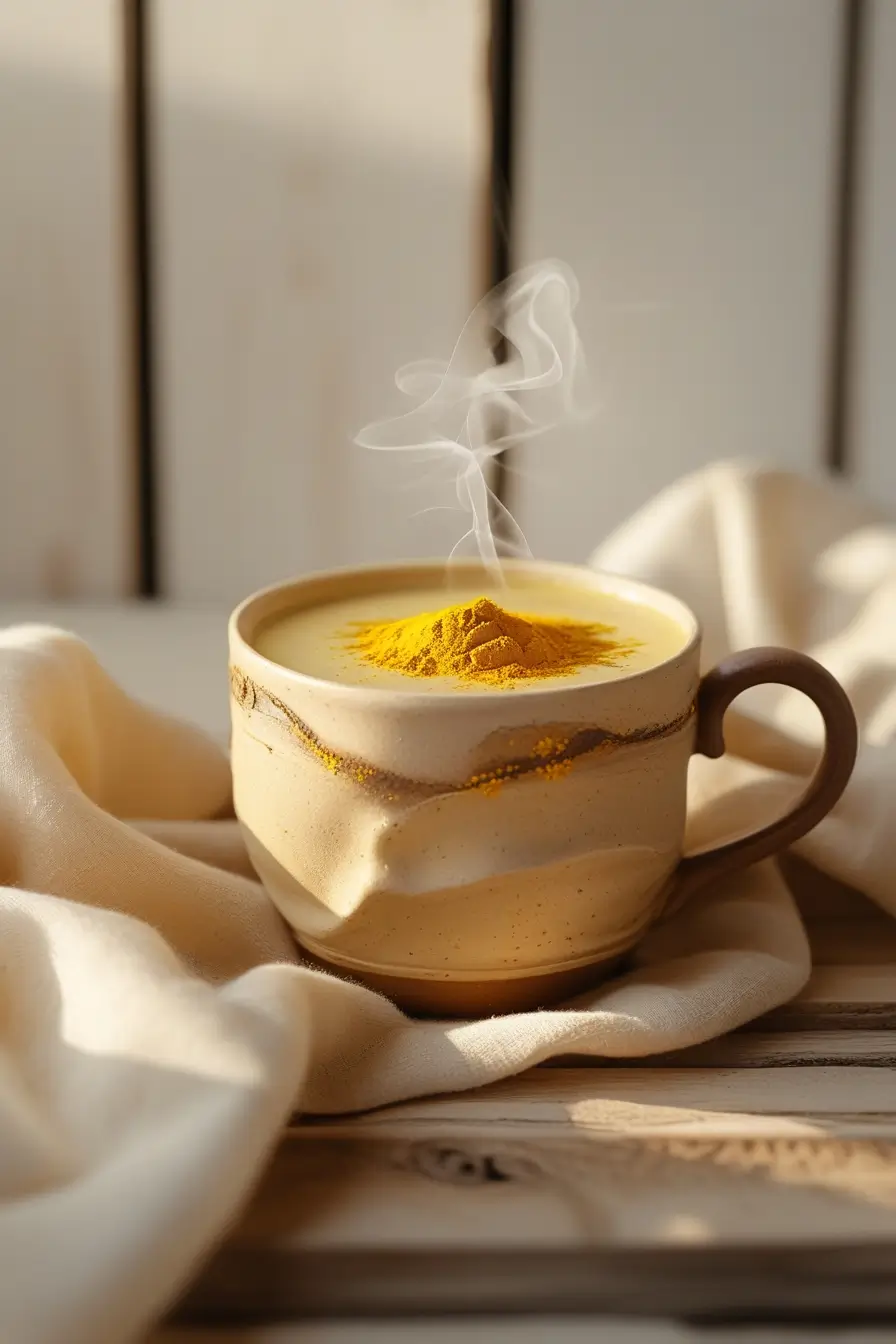 A steaming ceramic cup of golden turmeric coffee topped with bright yellow turmeric powder, set on a white cloth against a light wooden surface