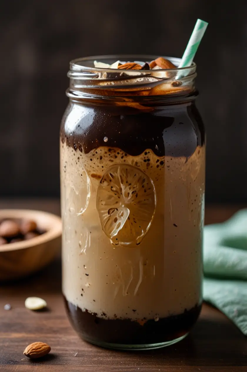 A rustic mason jar filled with a layered vanilla bean cold brew coffee showing a dramatic contrast between dark coffee and creamy vanilla-infused top layer, garnished with a lemon slice, ice, and served with a mint green straw on a wooden surface with scattered almonds.