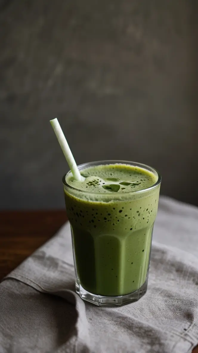 Green matcha smoothie in a glass with paper straw on linen napkin against dark background