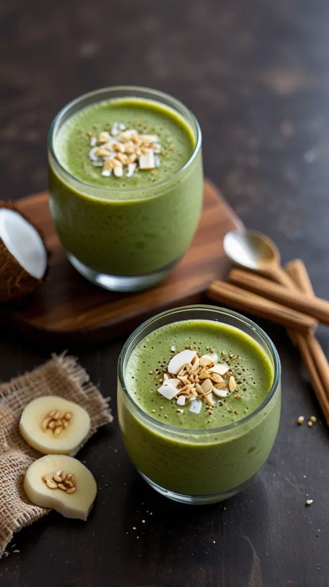 Two green matcha smoothie glasses topped with coconut flakes and seeds on wooden board with banana slices and cinnamon sticks