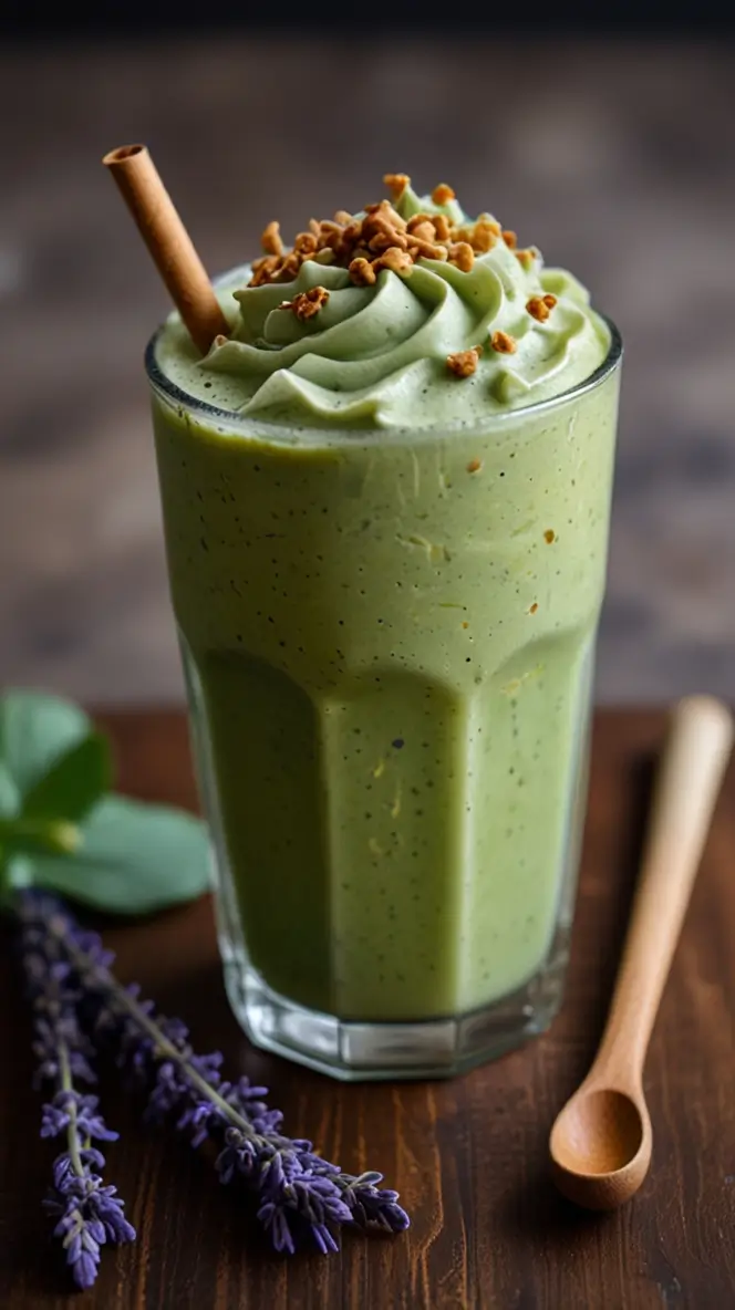 Creamy matcha frappe with whipped topping and nut sprinkles, garnished with cinnamon stick, surrounded by lavender and wooden spoon