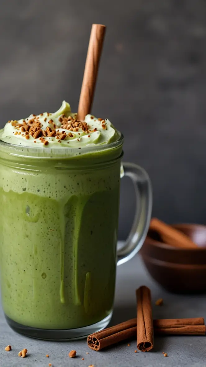 Green matcha latte in glass mason jar with whipped cream, nut topping, and cinnamon stick, surrounded by cinnamon sticks