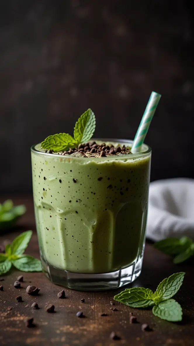 Green matcha smoothie in a glass with mint leaves, chocolate chips, and striped straw against dark background