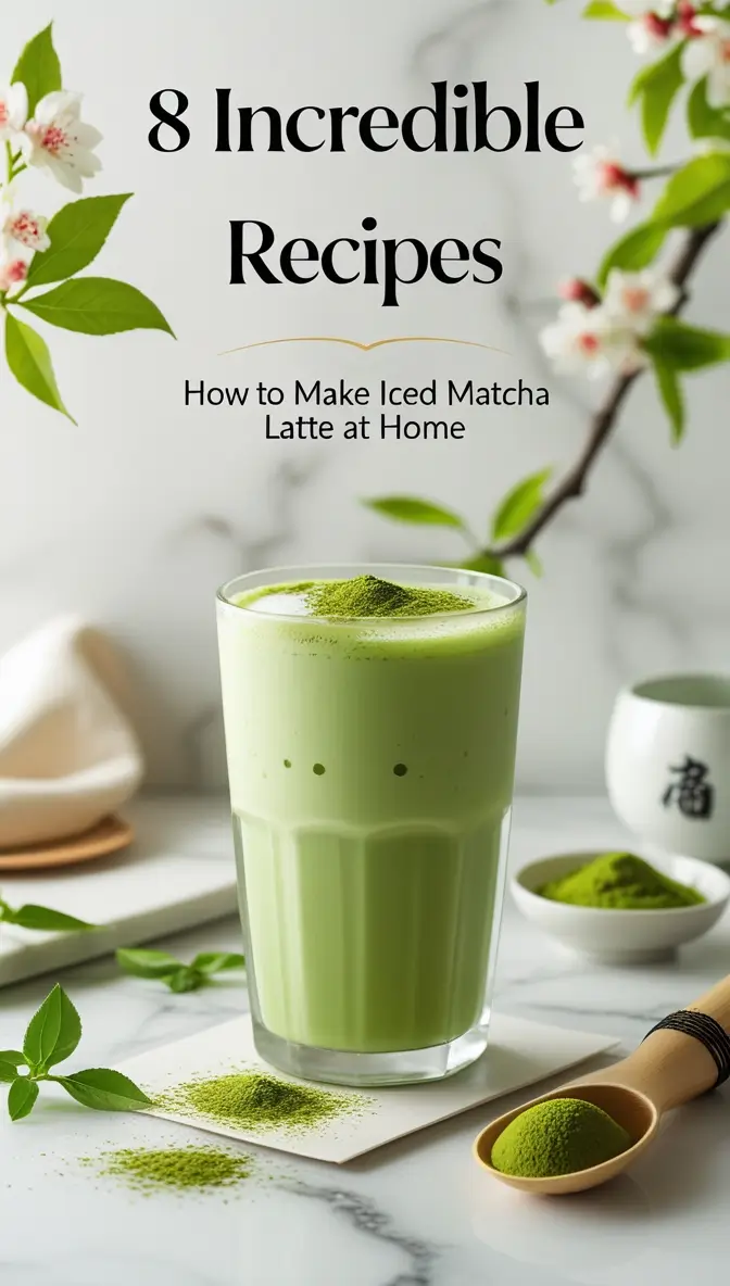 Refreshing homemade iced matcha latte in a tall glass with matcha powder and green tea leaves on marble countertop