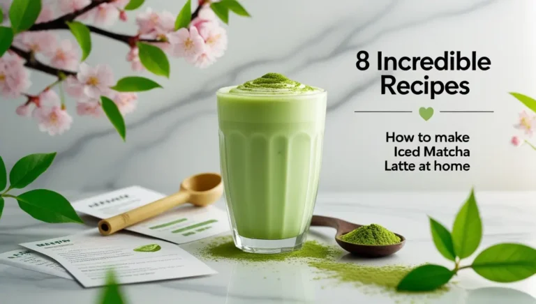 Creamy iced matcha latte in a tall glass with matcha powder, bamboo scoop, recipe cards, and cherry blossoms on marble surface☕ How to Make Iced Matcha Latte at Home💚☕