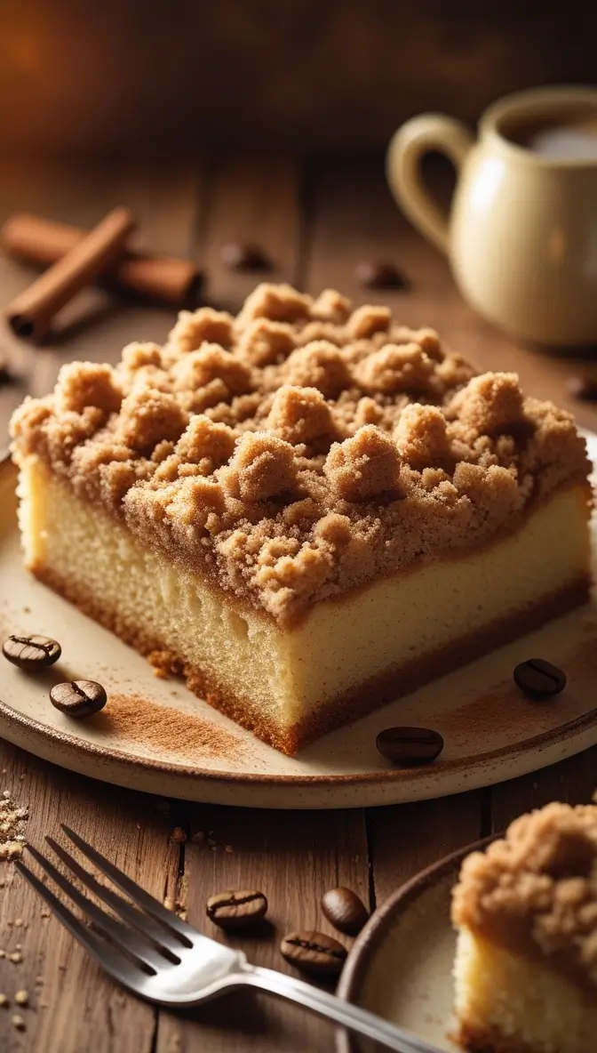 Homemade classic cinnamon streusel coffee cake slice on plate with crumbly brown sugar topping, coffee cup in background, coffee beans and cinnamon sticks scattered on rustic wooden table