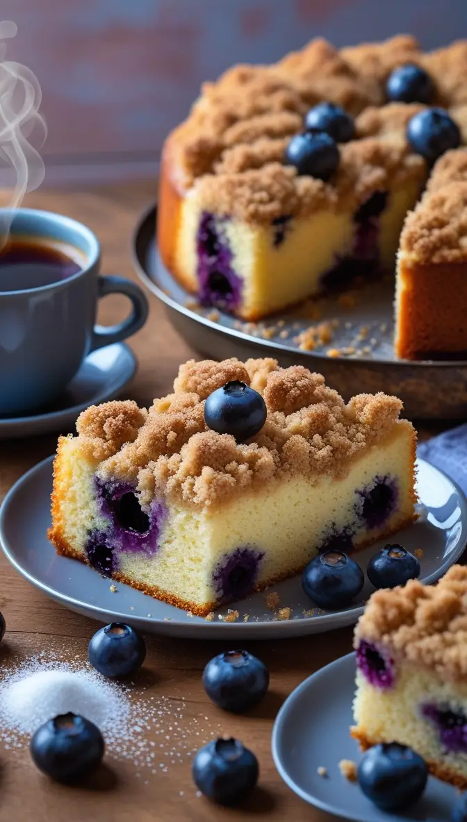 Homemade blueberry crumb coffee cake with golden streusel topping and fresh blueberries served on gray plates with steaming coffee cup on wooden table