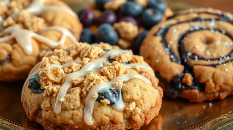 Assorted coffee cake cookies display featuring blueberry streusel cookies with crumb topping and vanilla glaze, cinnamon swirl cookies, and walnut-topped varieties arranged on golden serving platter with fresh blueberries