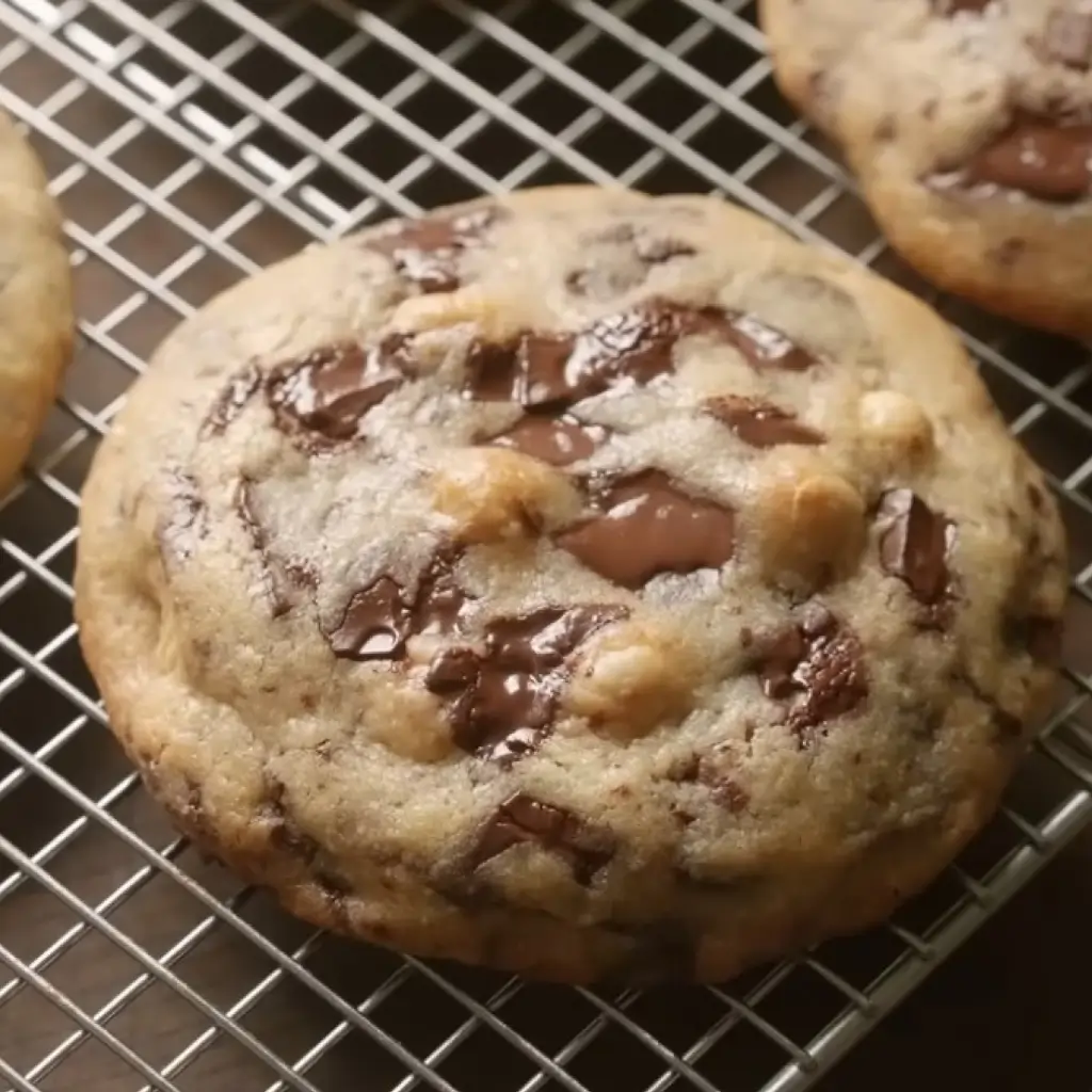 Freshly baked coffee cake cookies with melted chocolate chunks and a golden-brown crust cooling on a wire rack