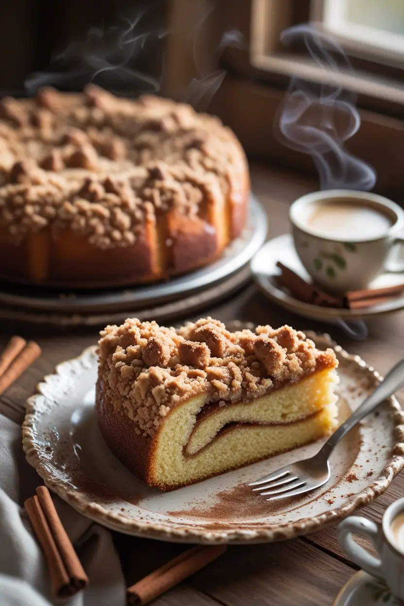 Slice of almond flour cinnamon streusel coffee cake with crumb topping on rustic plate with steaming coffee cup and cinnamon sticks on wooden table
