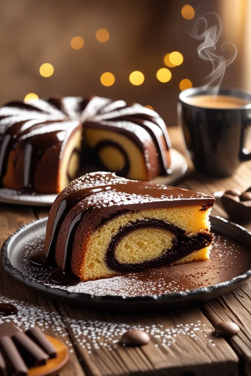 Slice of espresso chocolate swirl bundt coffee cake with chocolate ganache glaze and powdered sugar on dark plate with steaming coffee cup and bokeh lights