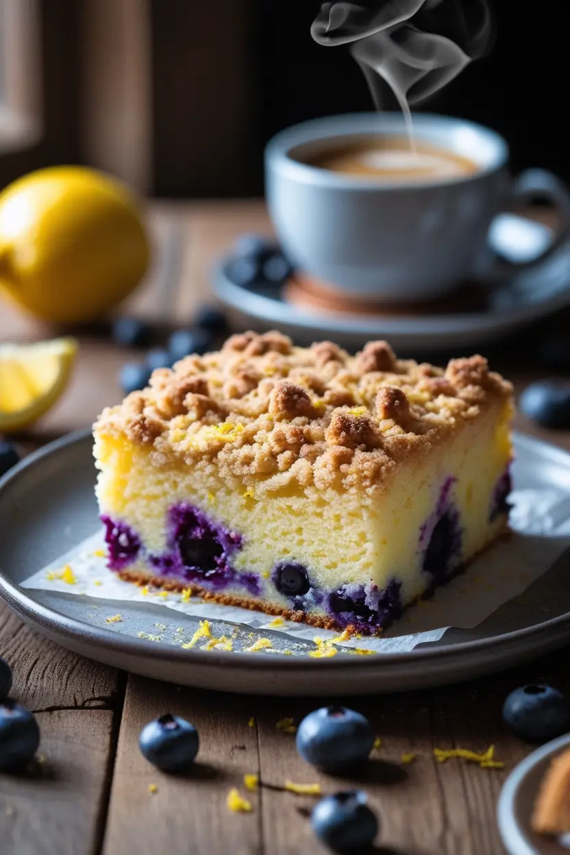 Slice of lemon blueberry yogurt coffee cake with crumb topping and fresh blueberries on gray plate with steaming coffee cup and lemon in background