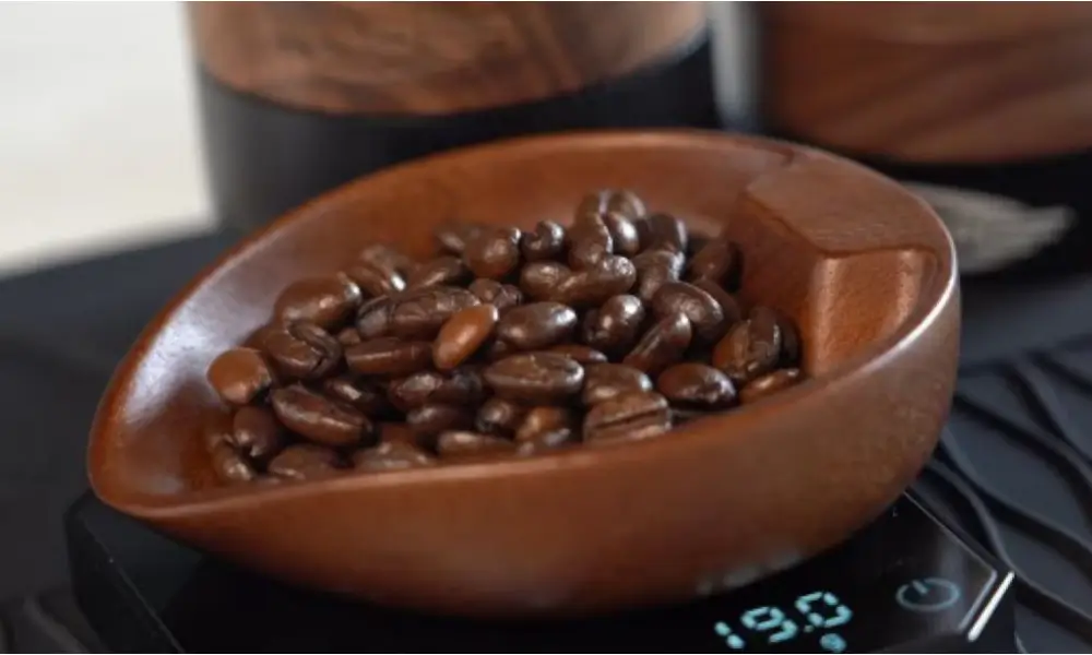 IKAPE Wooden Coffee Bean Dosing Cup and Spray Bottle Kit β walnut wood dosing bowl filled with whole roasted espresso beans resting on a digital scale reading 19 grams, part of a precision espresso accessories kit for consistent dosing and RDT static reduction.